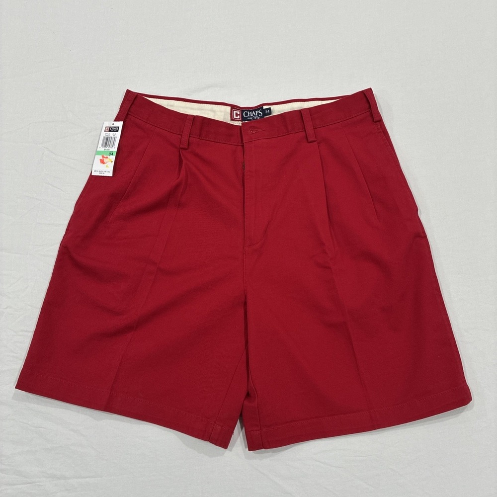 New With Tags CHAPS Men's Red Chino Shorts Size‎ 34 Cotton Pleated Front Cholo